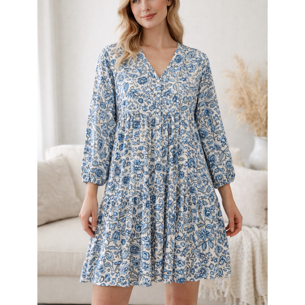 Karni Tiered Shirt Dress Womens Medium Blue Floral Babydoll Boho Cottagecore